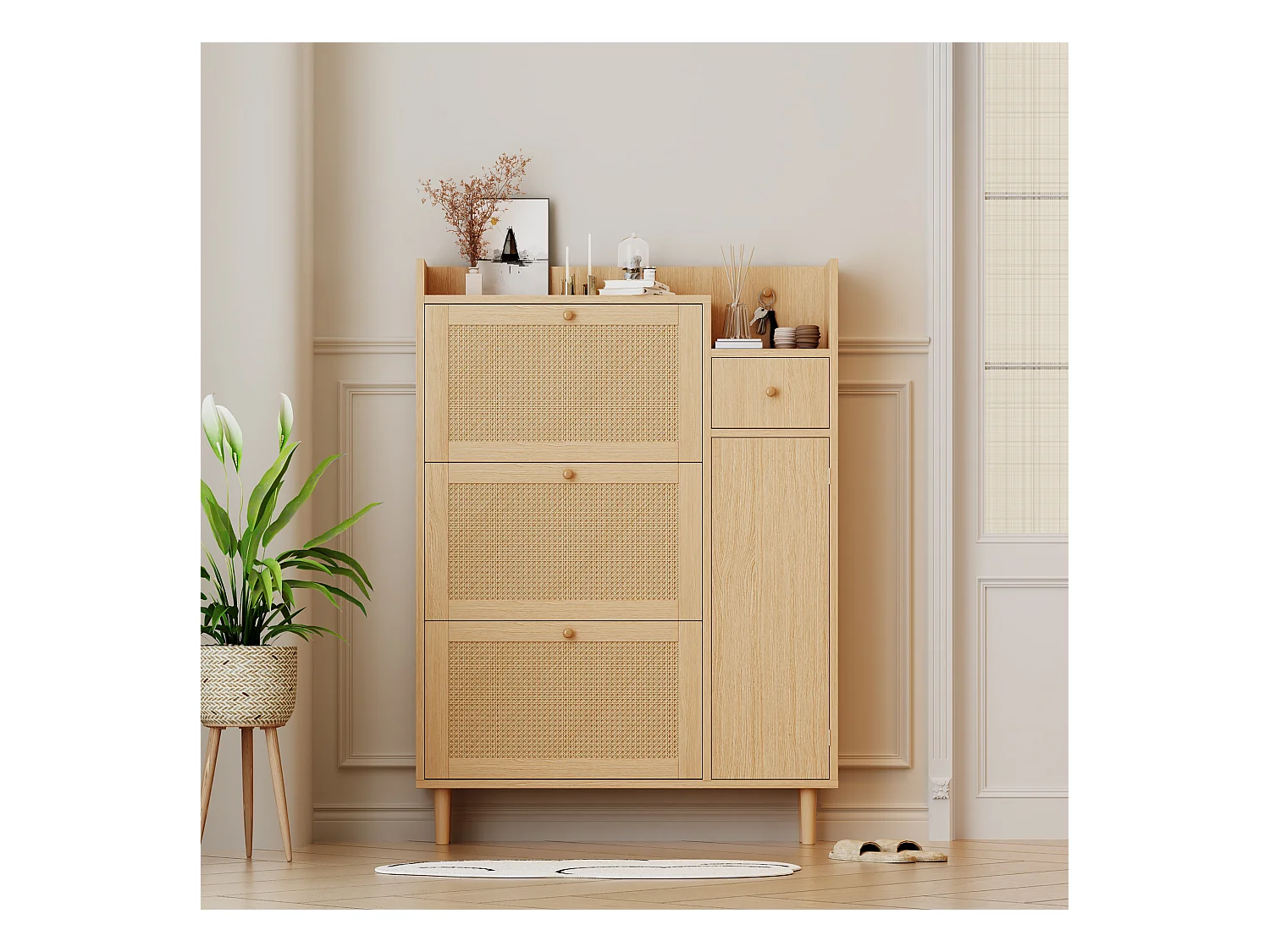 Armoire à chaussures en MDF avec portes en rattan, 3 portes basculantes et 1 tiroir, pieds et poignées en bois, couleur naturelle (90x17x125 cm)