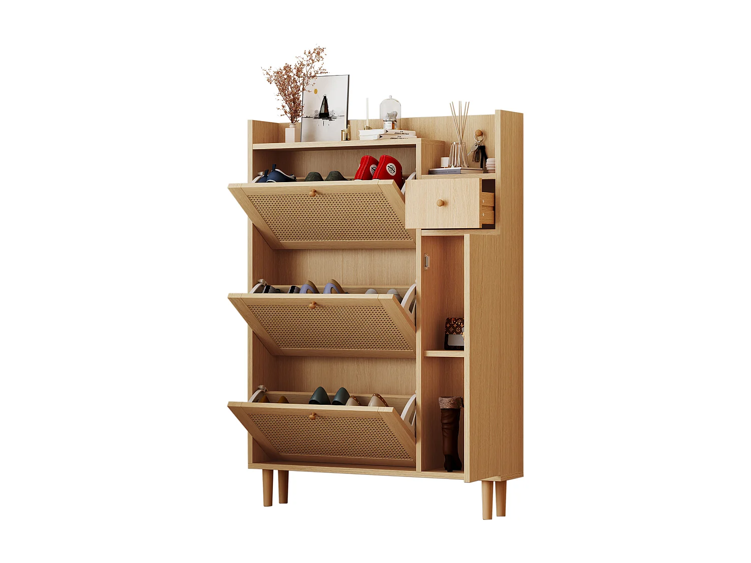 Armoire à chaussures en MDF avec portes en rattan, 3 portes basculantes et 1 tiroir, pieds et poignées en bois, couleur naturelle (90x17x125 cm)