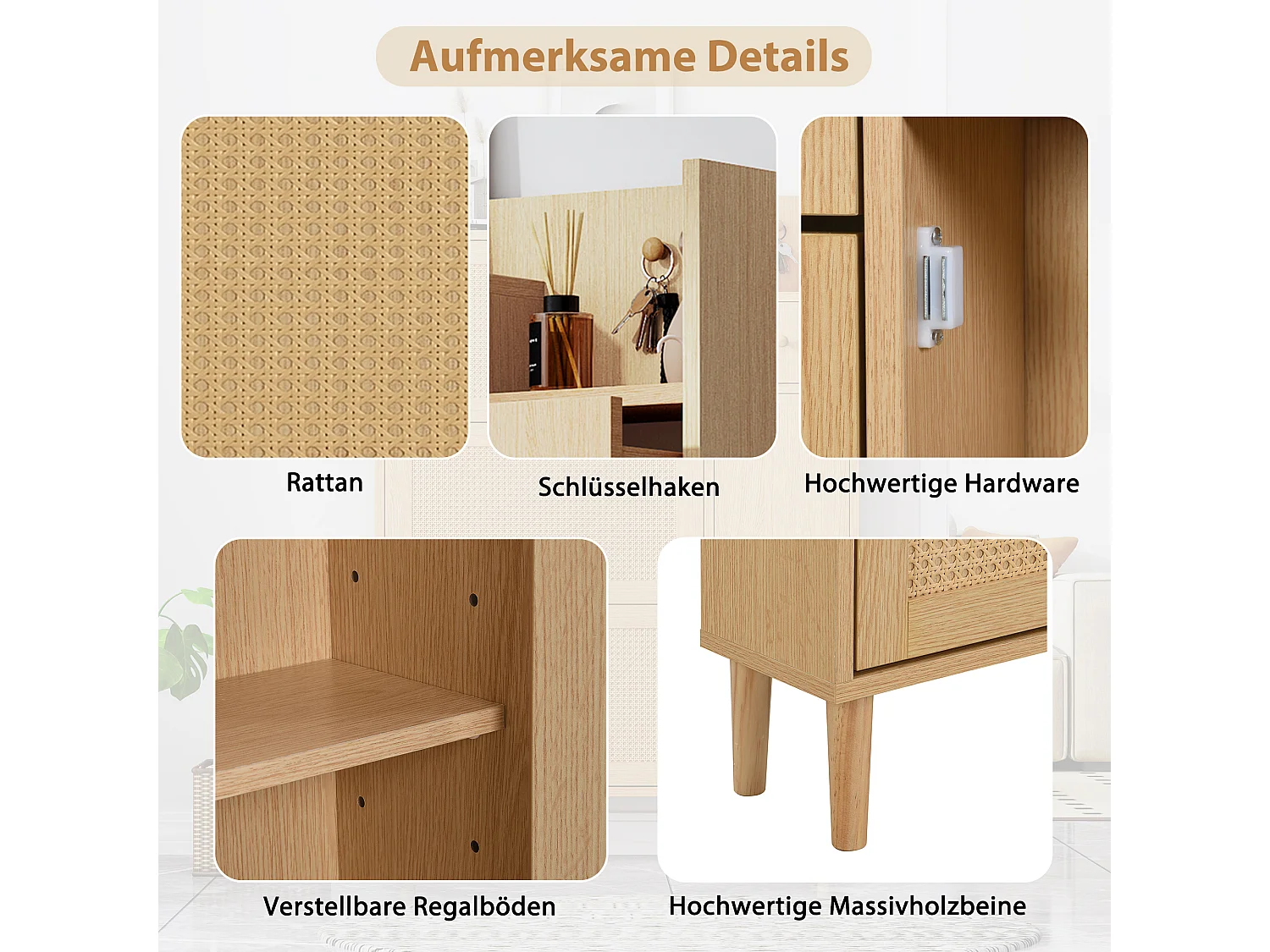 Armoire à chaussures en MDF avec portes en rattan, 3 portes basculantes et 1 tiroir, pieds et poignées en bois, couleur naturelle (90x17x125 cm)