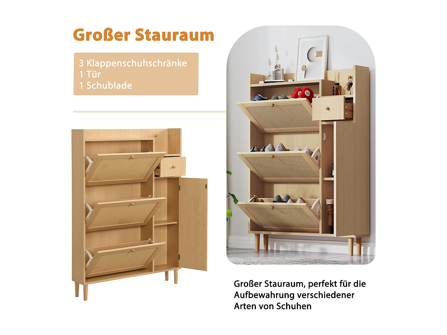 Armoire à chaussures en MDF avec portes en rattan, 3 portes basculantes et 1 tiroir, pieds et poignées en bois, couleur naturelle (90x17x125 cm)