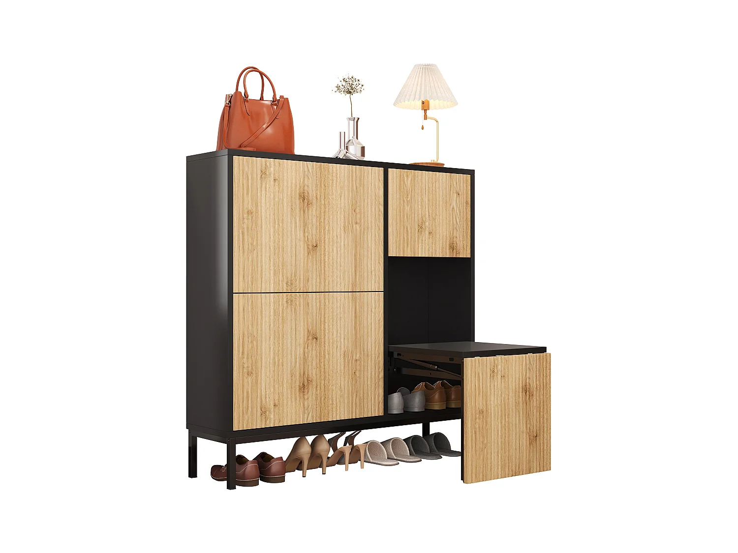 Zapatero con taburete cambiador, 3 estantes abatibles, espacio de almacenamiento abierto, MDF, color negro y madera (100x25x100 cm)