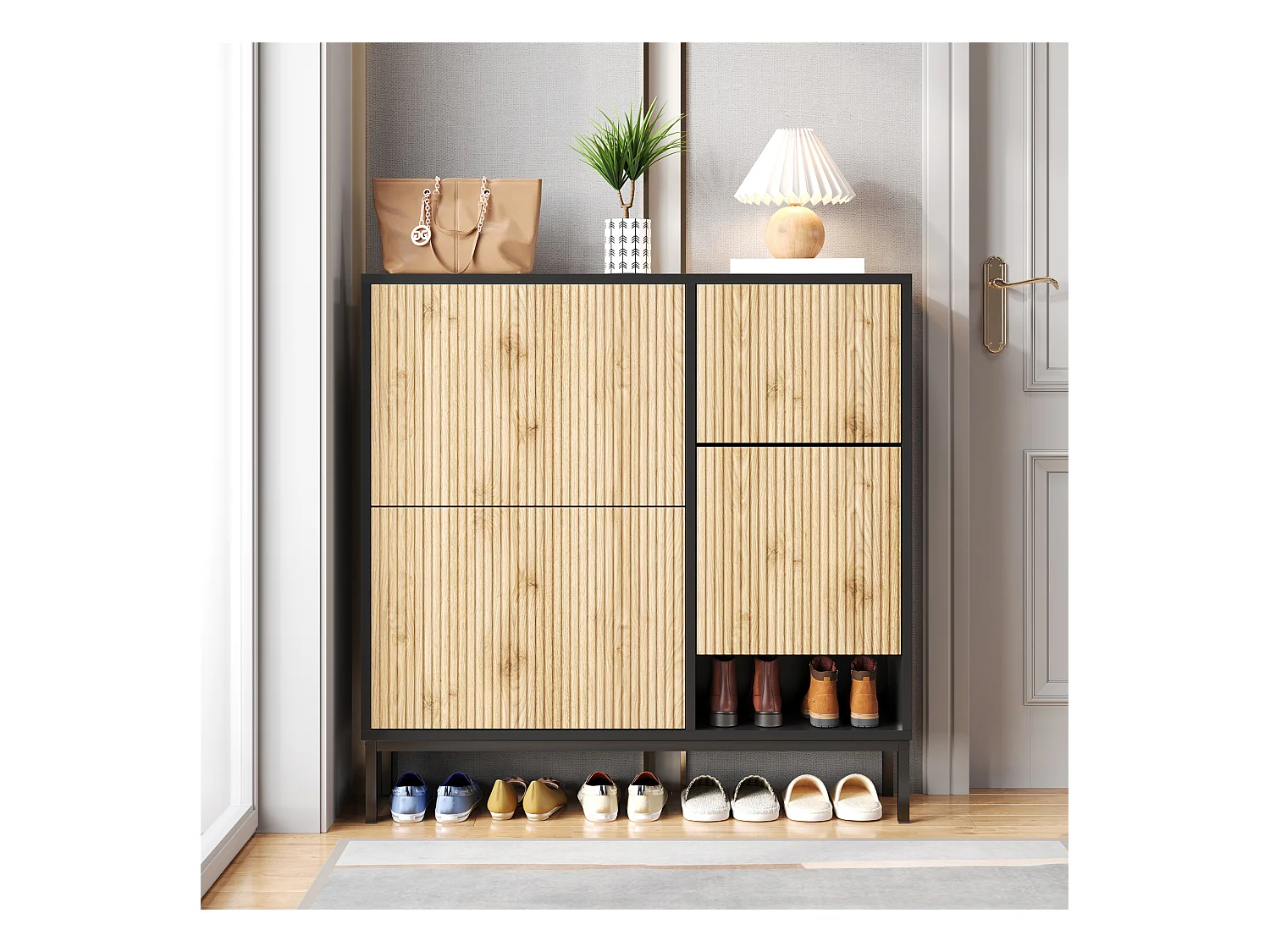 Zapatero con taburete cambiador, 3 estantes abatibles, espacio de almacenamiento abierto, MDF, color negro y madera (100x25x100 cm)