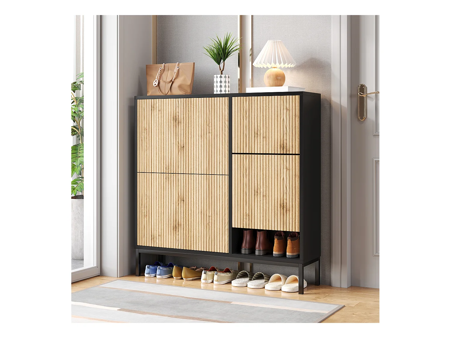 Zapatero con taburete cambiador, 3 estantes abatibles, espacio de almacenamiento abierto, MDF, color negro y madera (100x25x100 cm)