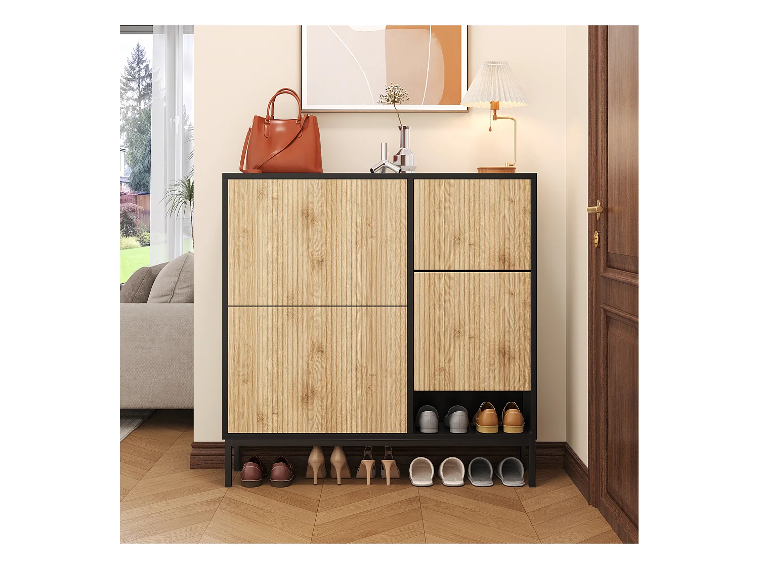 Zapatero con taburete cambiador, 3 estantes abatibles, espacio de almacenamiento abierto, MDF, color negro y madera (100x25x100 cm)