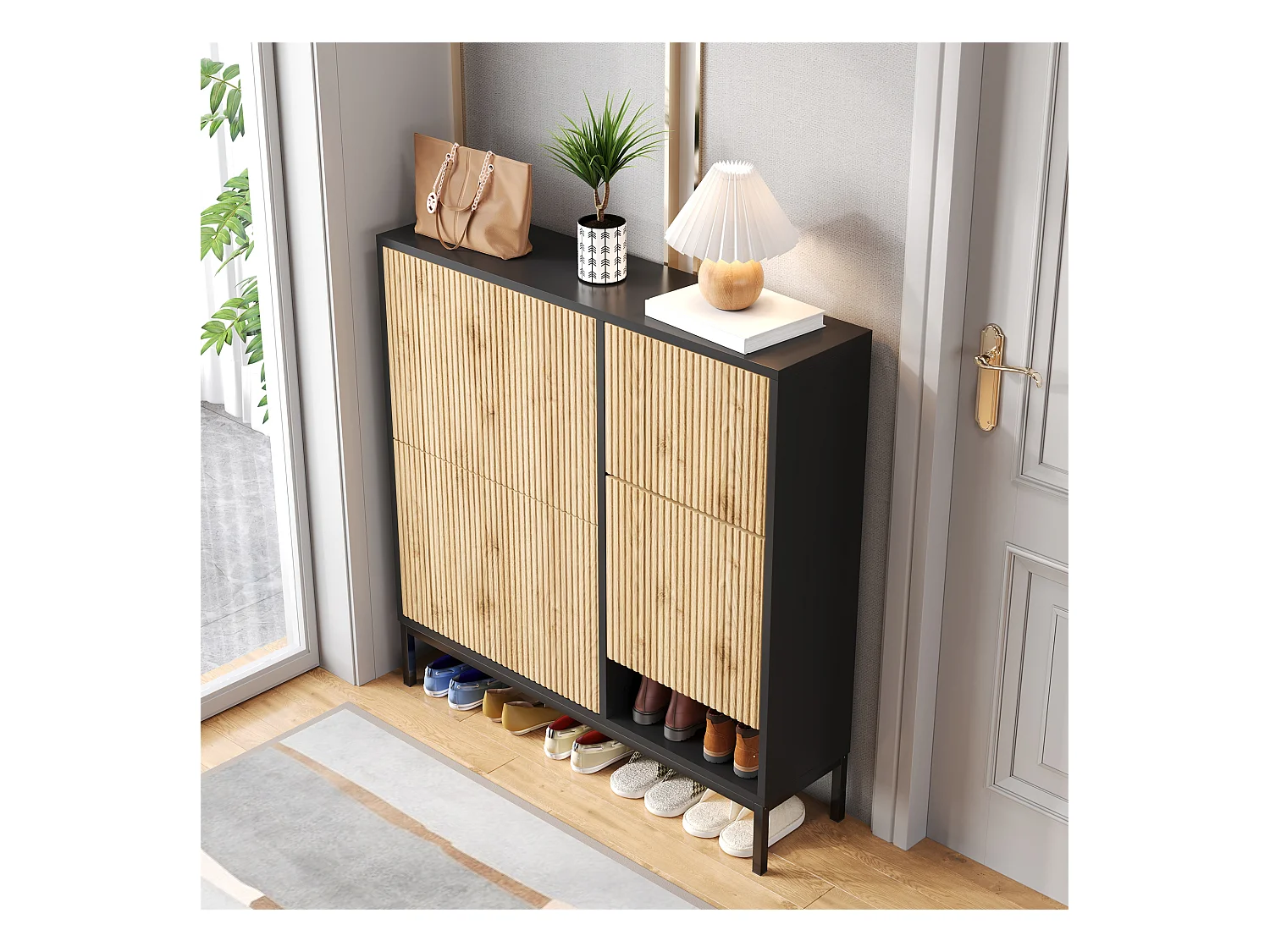 Zapatero con taburete cambiador, 3 estantes abatibles, espacio de almacenamiento abierto, MDF, color negro y madera (100x25x100 cm)