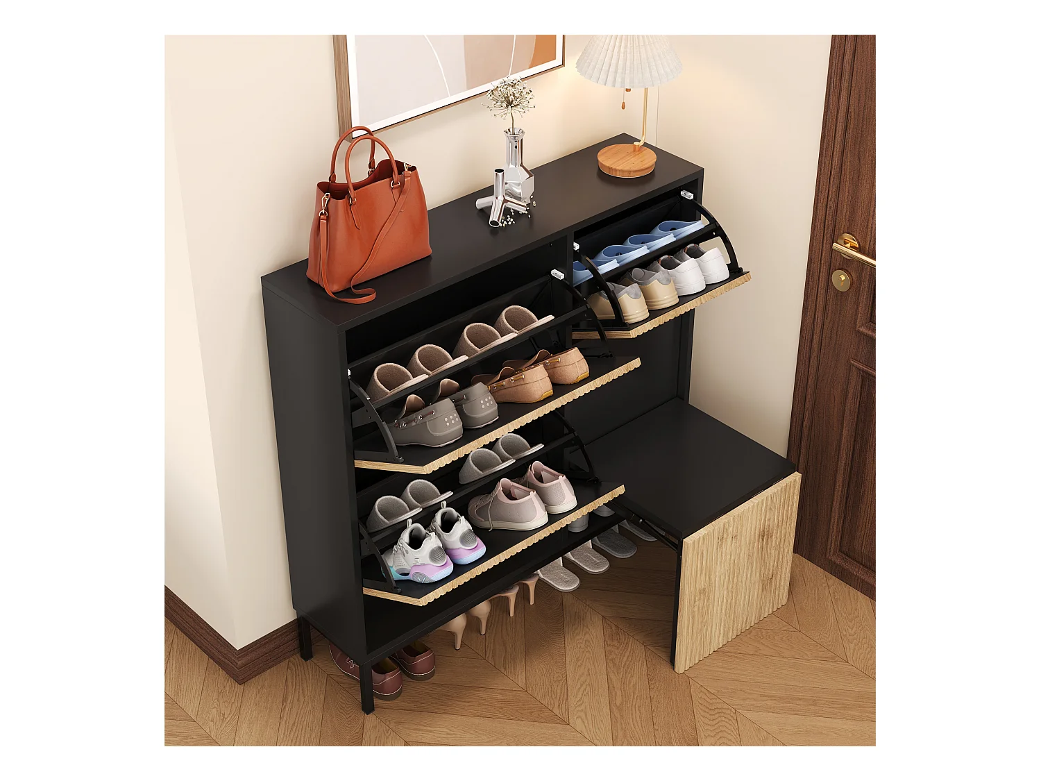 Zapatero con taburete cambiador, 3 estantes abatibles, espacio de almacenamiento abierto, MDF, color negro y madera (100x25x100 cm)