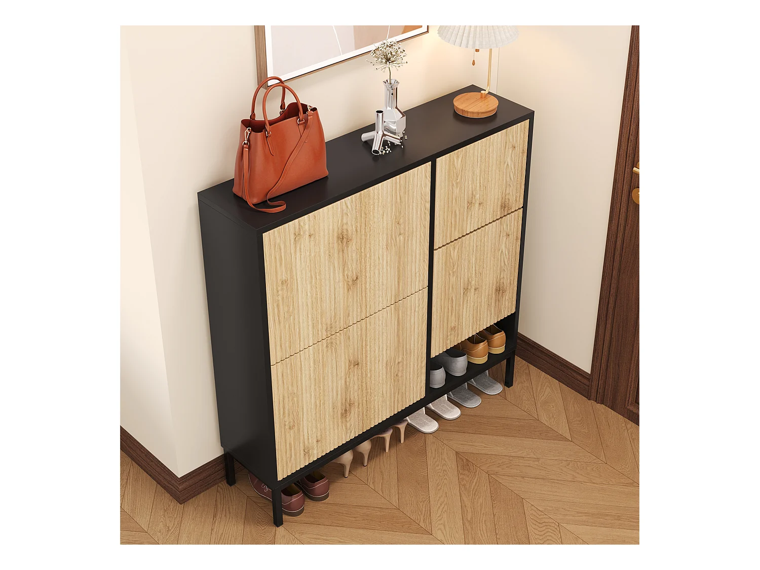 Zapatero con taburete cambiador, 3 estantes abatibles, espacio de almacenamiento abierto, MDF, color negro y madera (100x25x100 cm)