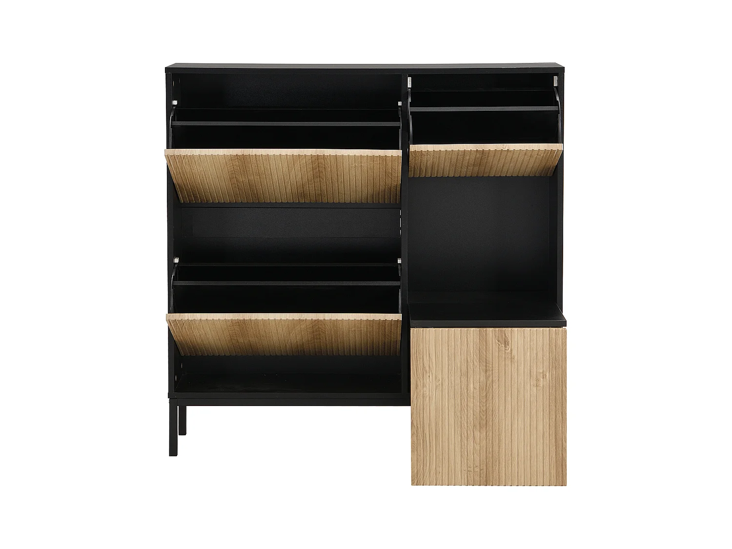 Zapatero con taburete cambiador, 3 estantes abatibles, espacio de almacenamiento abierto, MDF, color negro y madera (100x25x100 cm)