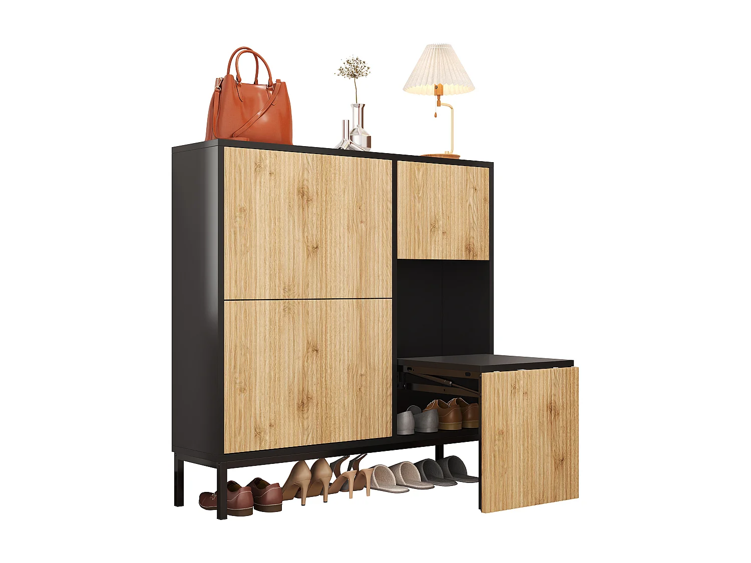 Meuble à chaussures avec tabouret à langer, 3 étagères à rabat, espace de rangement ouvert, MDF, coloris noir et bois (100x25x100 cm)