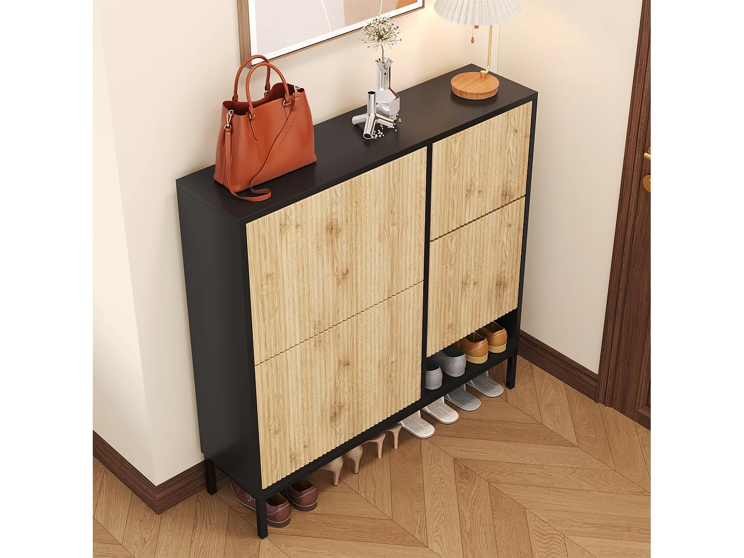 Meuble à chaussures avec tabouret à langer, 3 étagères à rabat, espace de rangement ouvert, MDF, coloris noir et bois (100x25x100 cm)