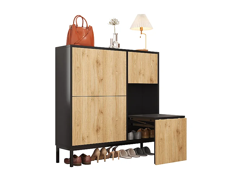 Scarpiera con sgabello per cambiare le scarpe, 3 ripiani a ribalta, vano portaoggetti aperto, MDF, colore nero e legno (100x25x100 cm)