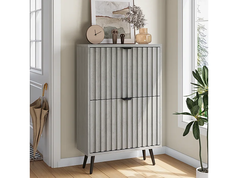 Schoenenkast met groefdesign, 2 uitklapbare laden, MDF, grijs (60x24x94 cm)