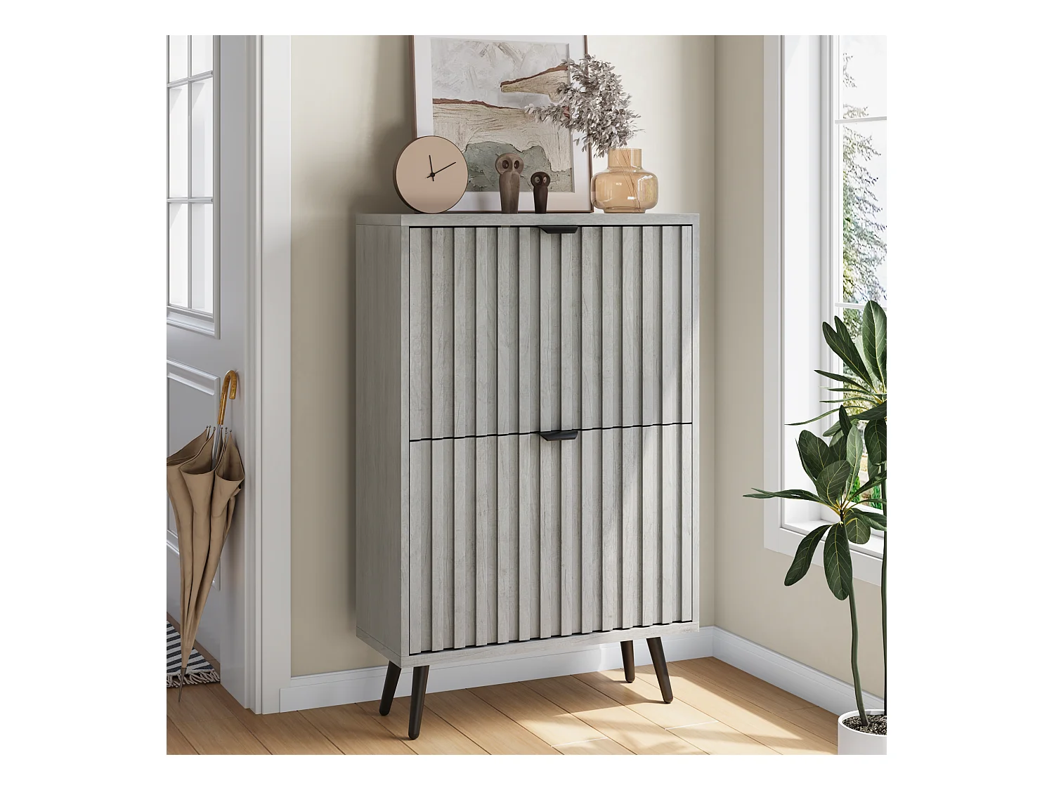 Meuble à chaussures avec rainures, 2 tiroirs rabattables, MDF, gris (60x24x94 cm)