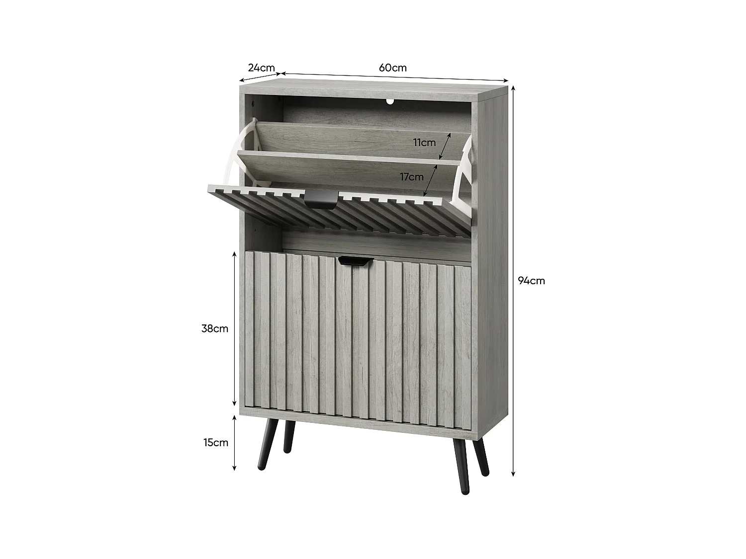 Meuble à chaussures avec rainures, 2 tiroirs rabattables, MDF, gris (60x24x94 cm)