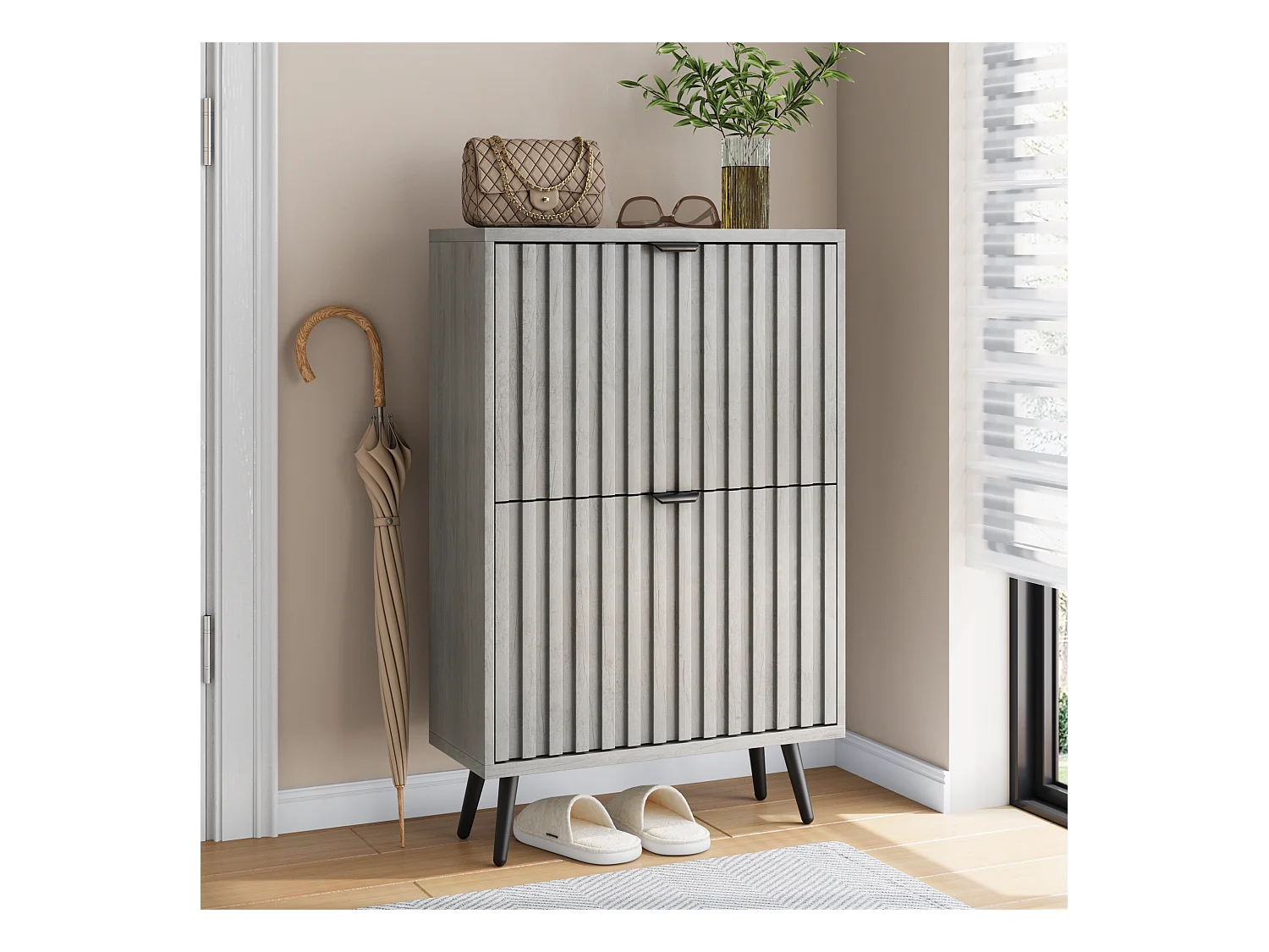 Meuble à chaussures avec rainures, 2 tiroirs rabattables, MDF, gris (60x24x94 cm)