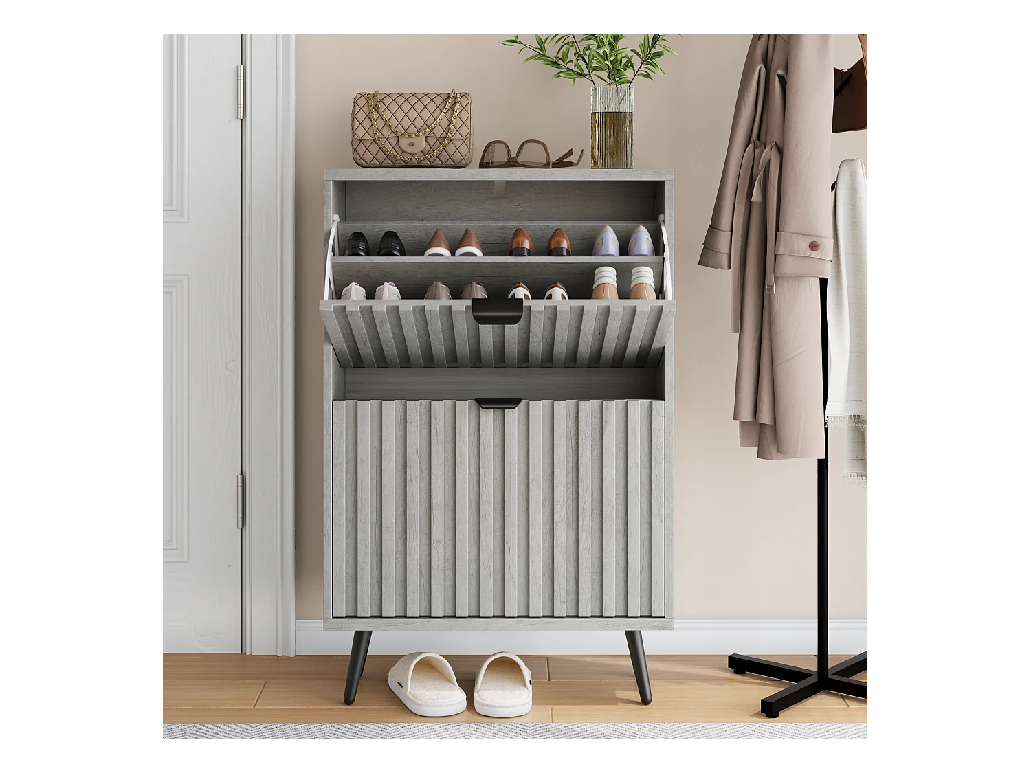 Meuble à chaussures avec rainures, 2 tiroirs rabattables, MDF, gris (60x24x94 cm)