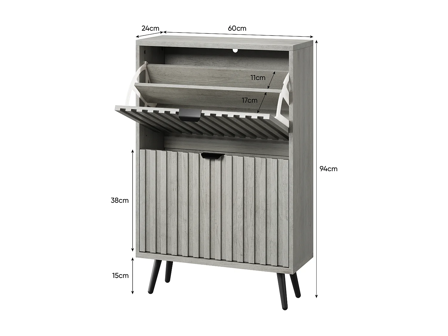 Meuble à chaussures avec rainures, 2 tiroirs rabattables, MDF, gris (60x24x94 cm)