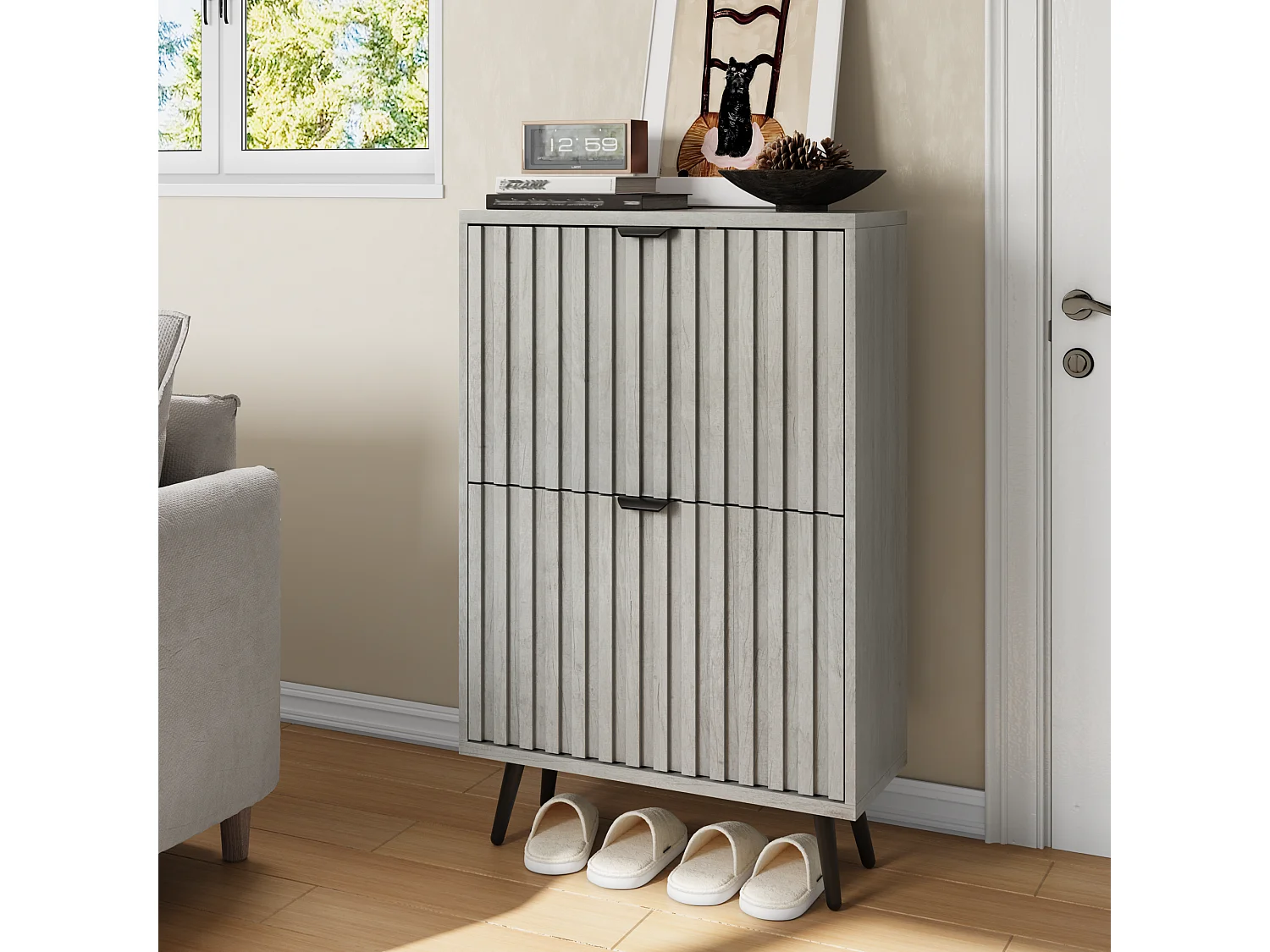 Meuble à chaussures avec rainures, 2 tiroirs rabattables, MDF, gris (60x24x94 cm)