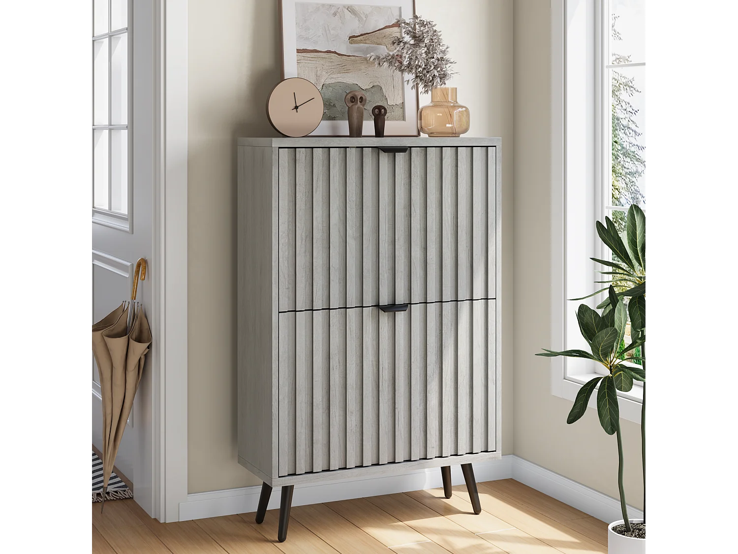 Meuble à chaussures avec rainures, 2 tiroirs rabattables, MDF, gris (60x24x94 cm)