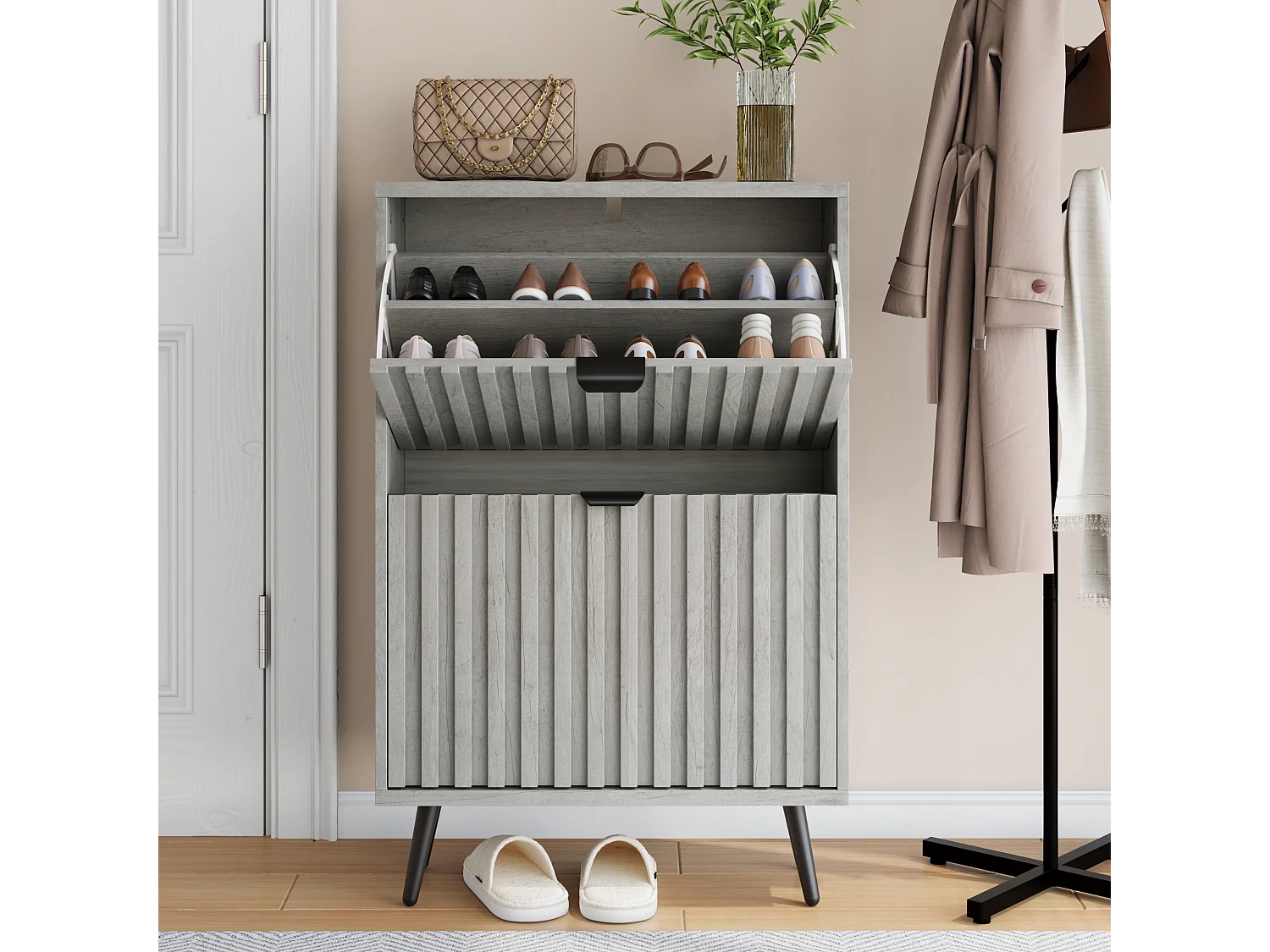 Meuble à chaussures avec rainures, 2 tiroirs rabattables, MDF, gris (60x24x94 cm)