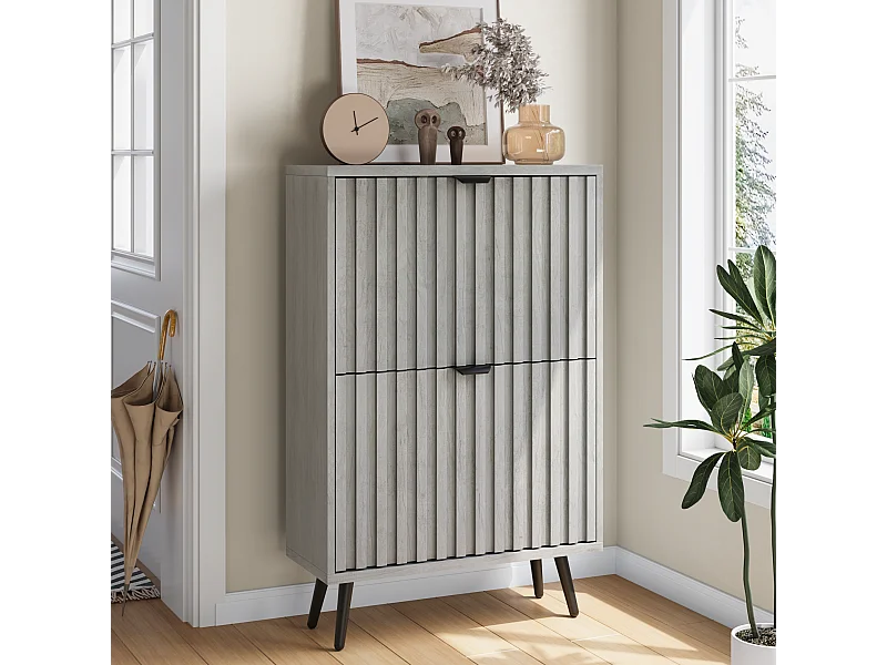 Meuble à chaussures avec rainures, 2 tiroirs rabattables, MDF, gris (60x24x94 cm)