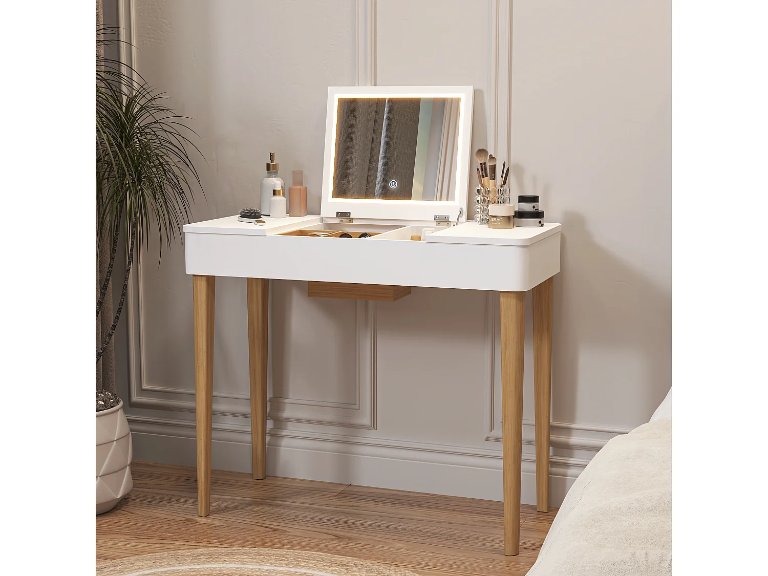 Tocador con espejo y lámpara, diseño moderno, MDF, blanco (83,6x40x75 cm)