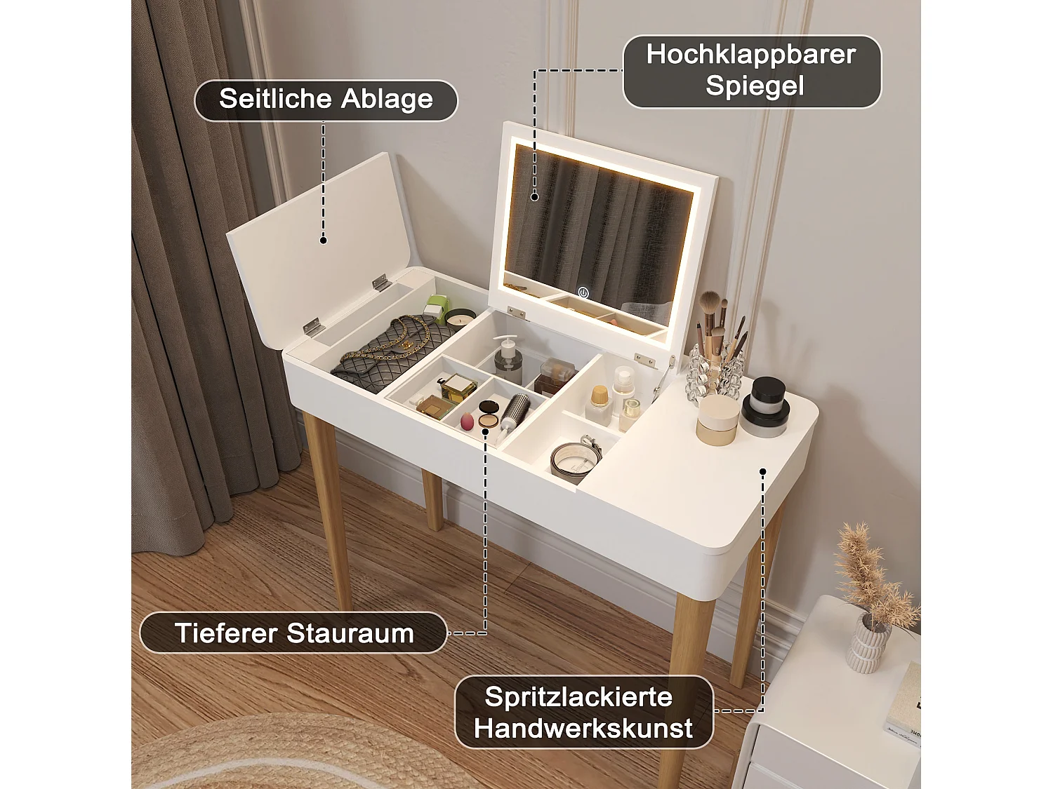 Tocador con espejo y lámpara, diseño moderno, MDF, blanco (83,6x40x75 cm)