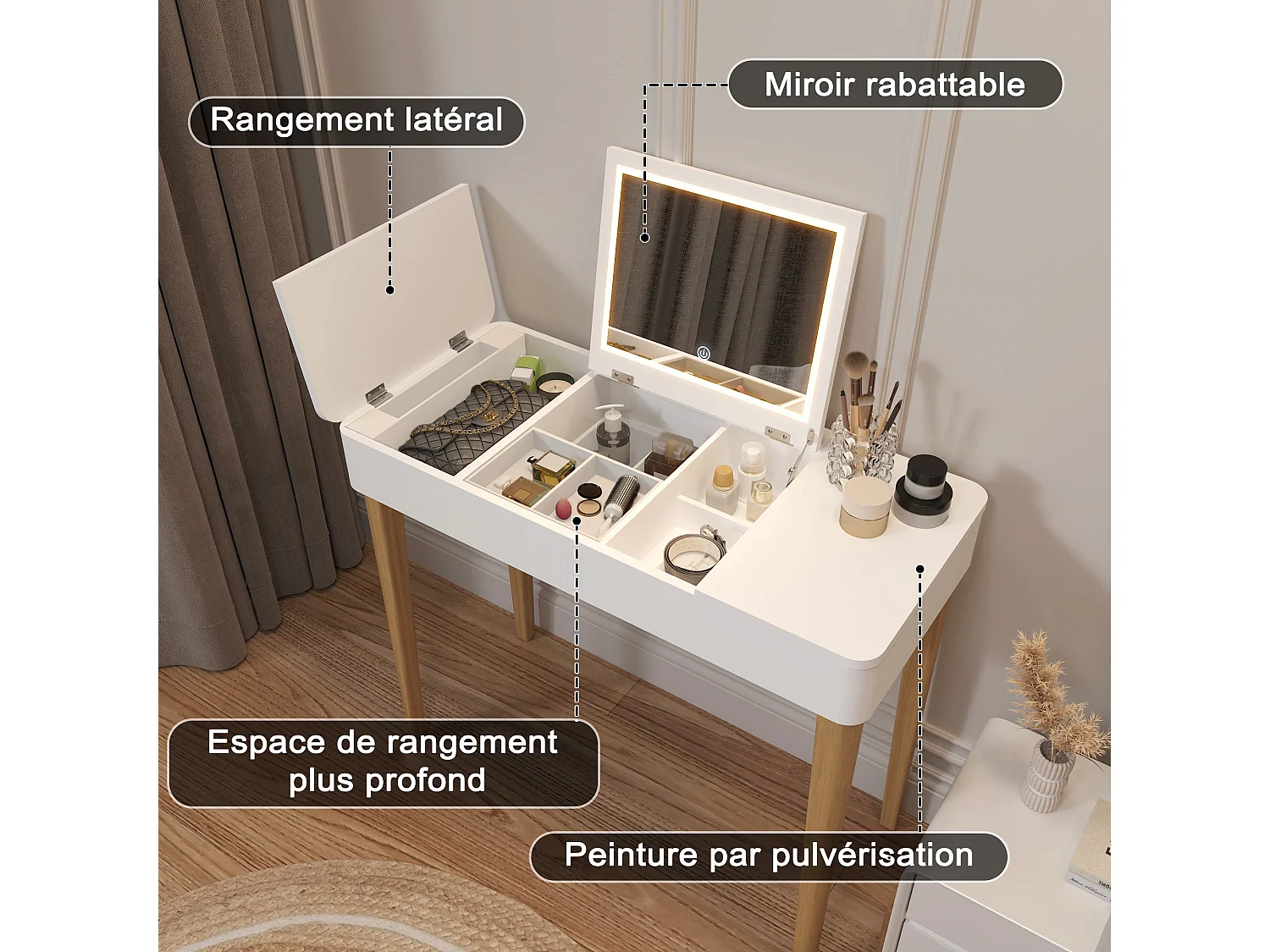 Tocador con espejo y lámpara, diseño moderno, MDF, blanco (83,6x40x75 cm)