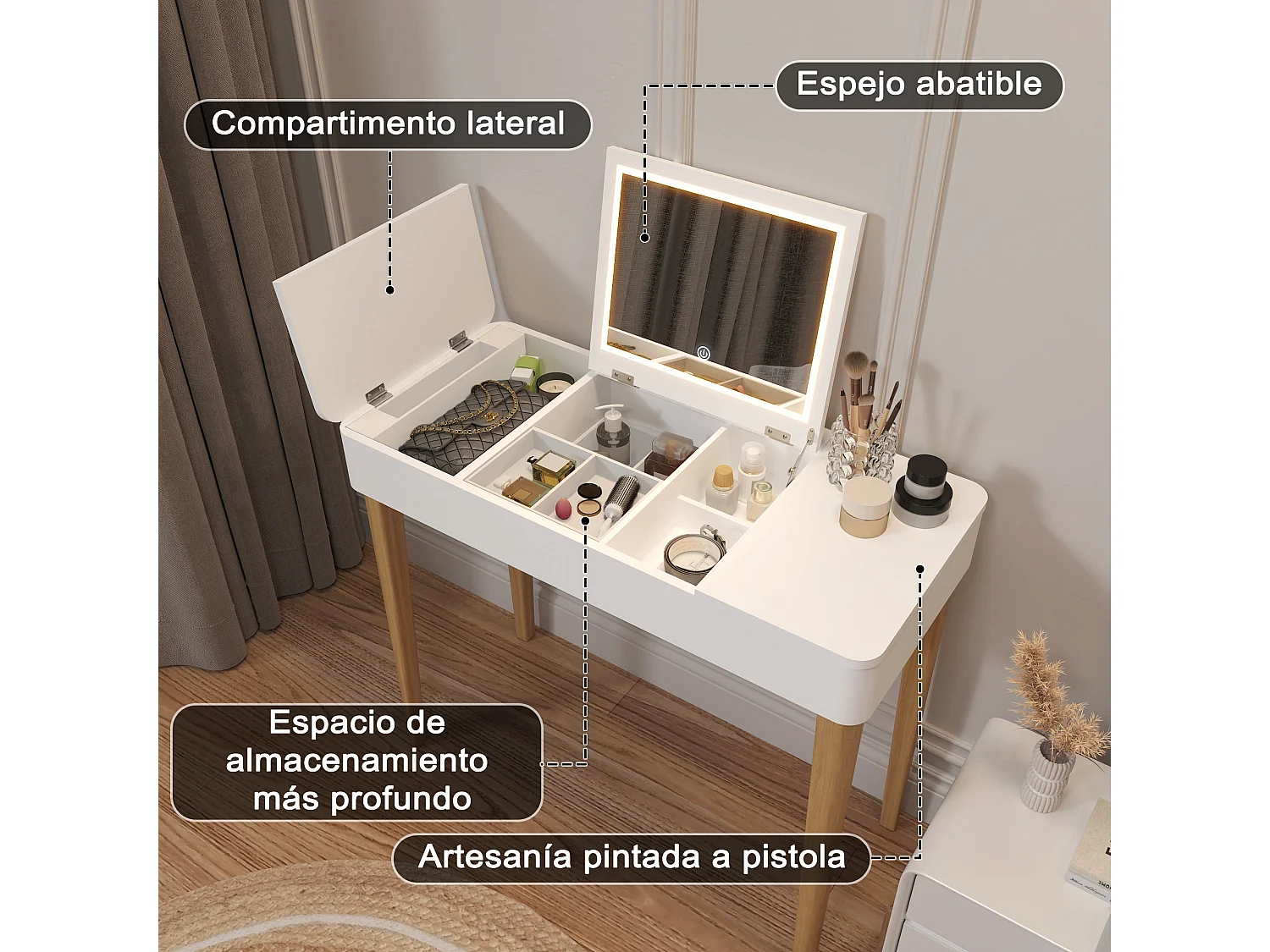 Tocador con espejo y lámpara, diseño moderno, MDF, blanco (83,6x40x75 cm)