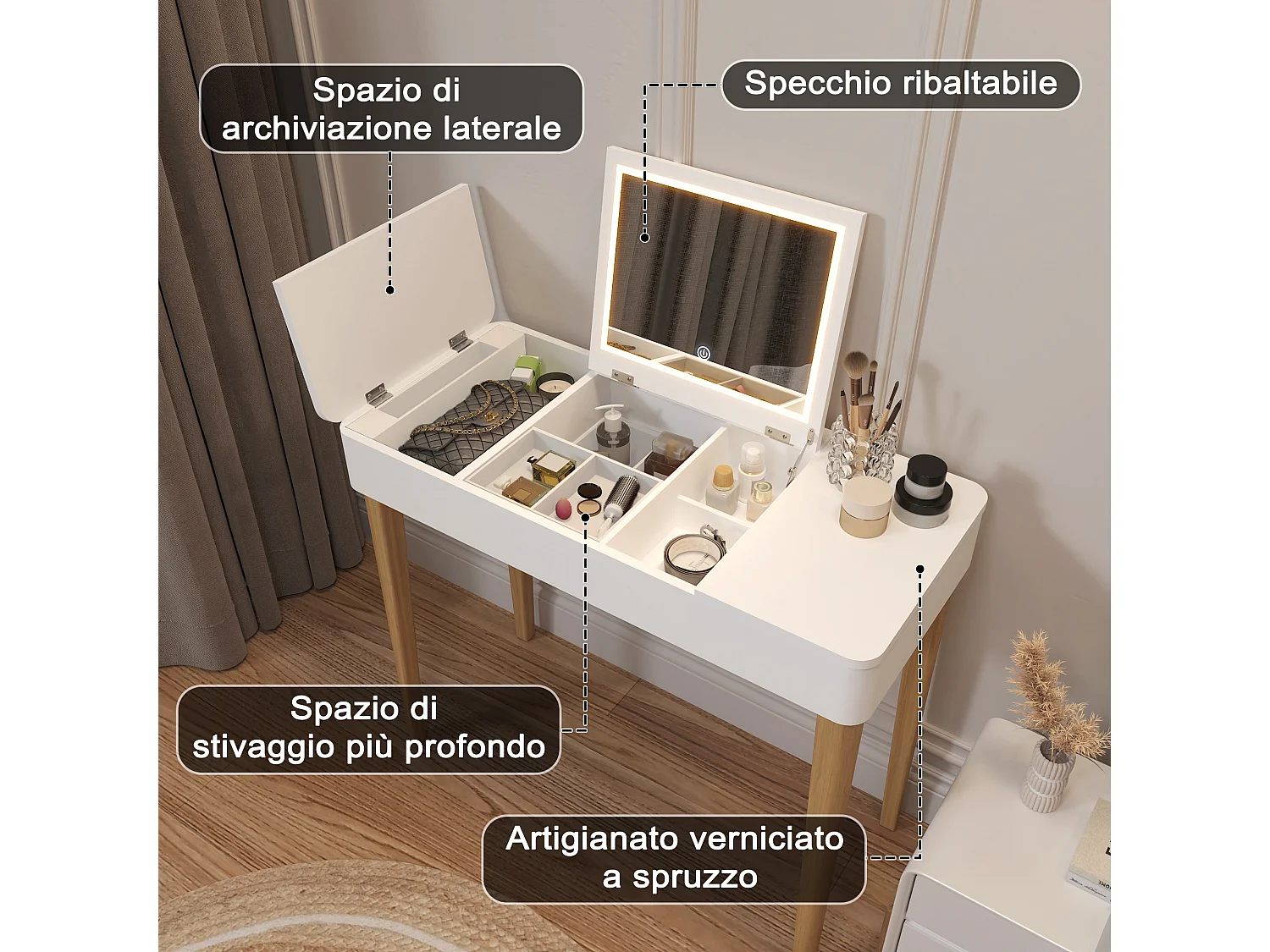 Tocador con espejo y lámpara, diseño moderno, MDF, blanco (83,6x40x75 cm)