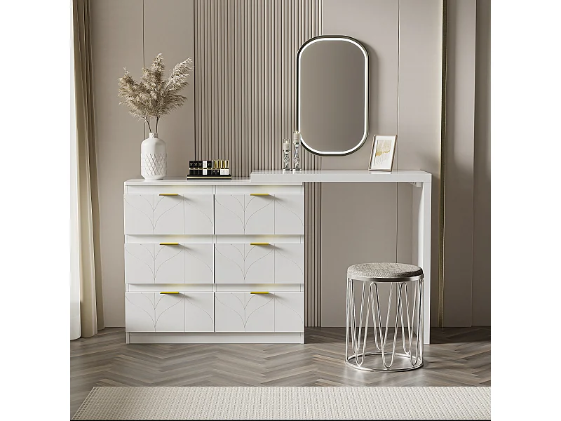 Toletta bianca con 5 cassetti, design minimalista, MDF, con specchio LED orientabile e gambe dorate (90x40x73,5 cm)