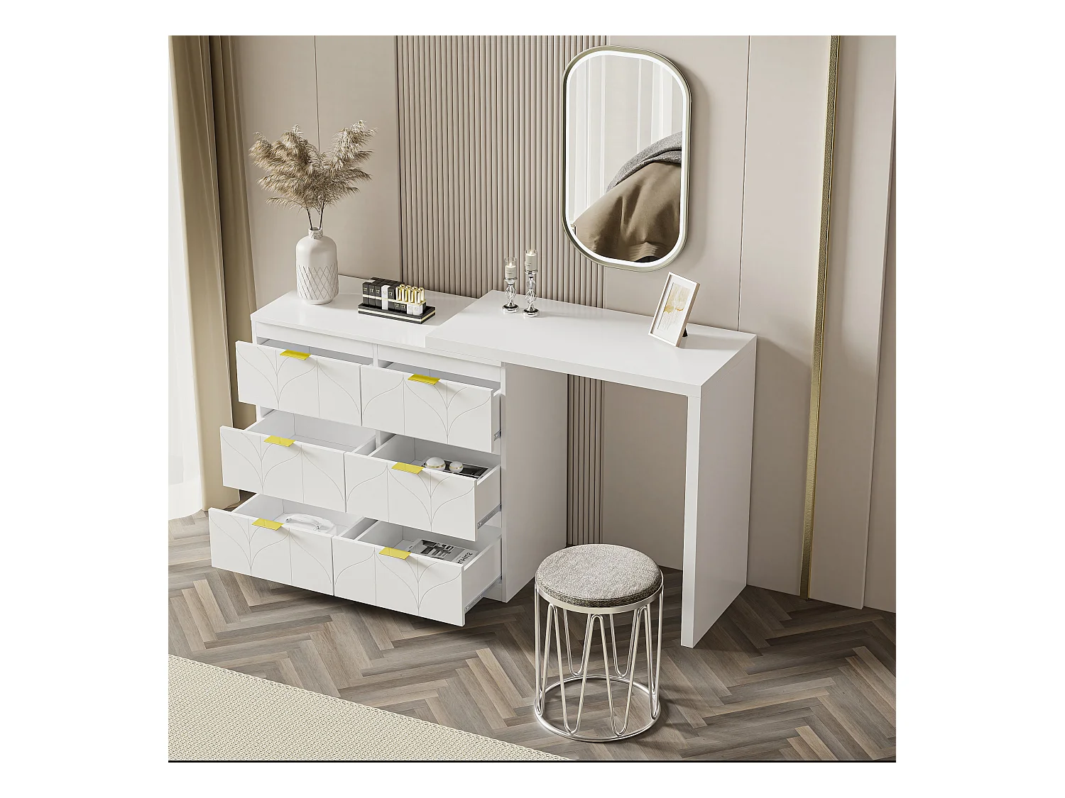 Coiffeuse blanche avec 5 tiroirs, design minimaliste, MDF, avec miroir à LED réglable et pieds dorés (90x40x73.5 cm)