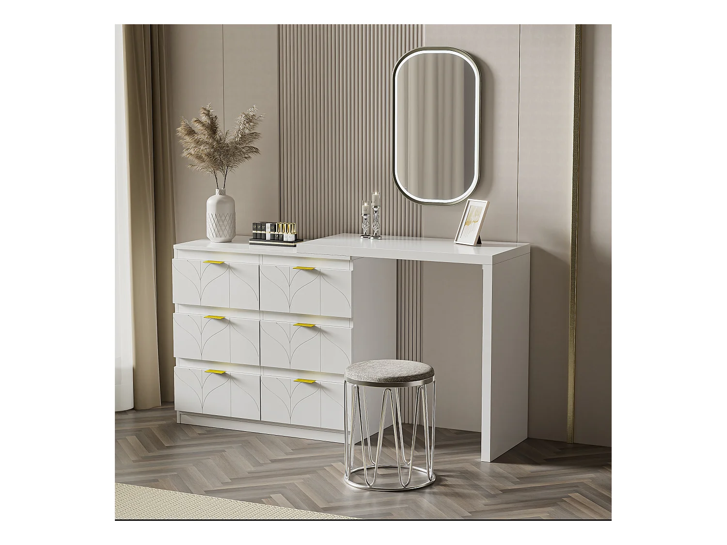 Coiffeuse blanche avec 5 tiroirs, design minimaliste, MDF, avec miroir à LED réglable et pieds dorés (90x40x73.5 cm)