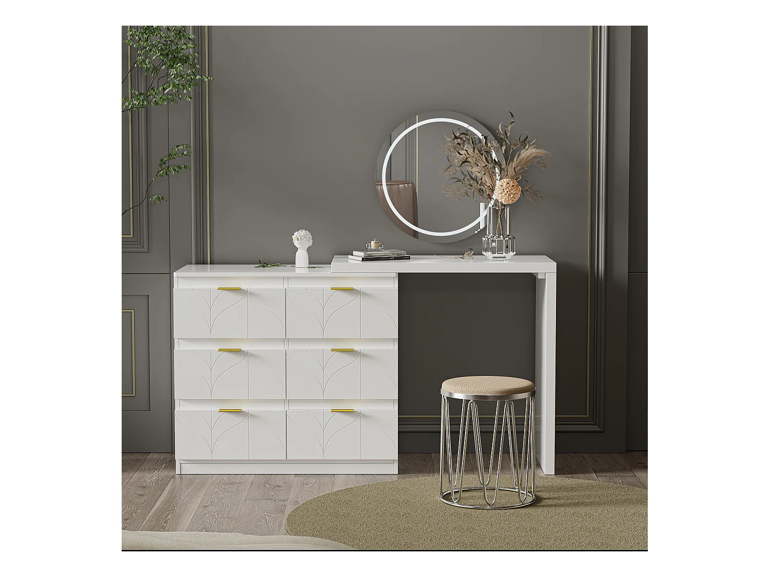 Coiffeuse blanche avec 5 tiroirs, design minimaliste, MDF, avec miroir à LED réglable et pieds dorés (90x40x73.5 cm)