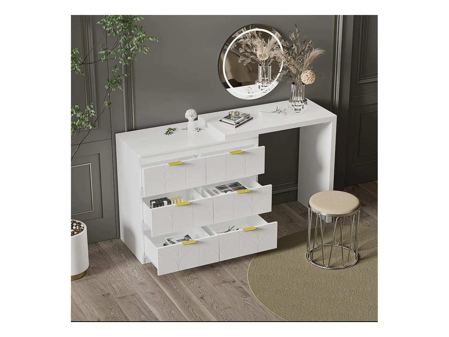 Coiffeuse blanche avec 5 tiroirs, design minimaliste, MDF, avec miroir à LED réglable et pieds dorés (90x40x73.5 cm)