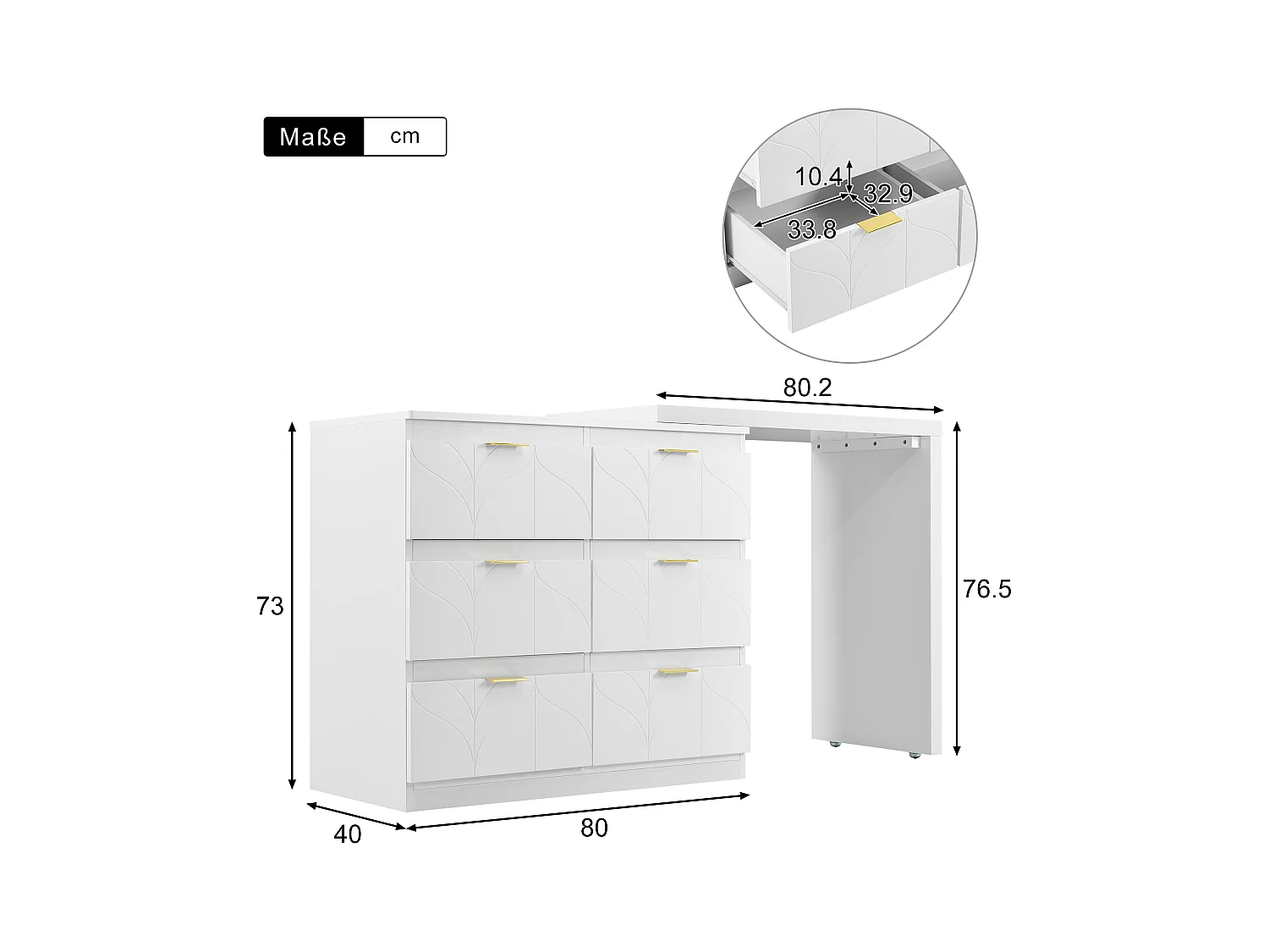 Coiffeuse blanche avec 5 tiroirs, design minimaliste, MDF, avec miroir à LED réglable et pieds dorés (90x40x73.5 cm)