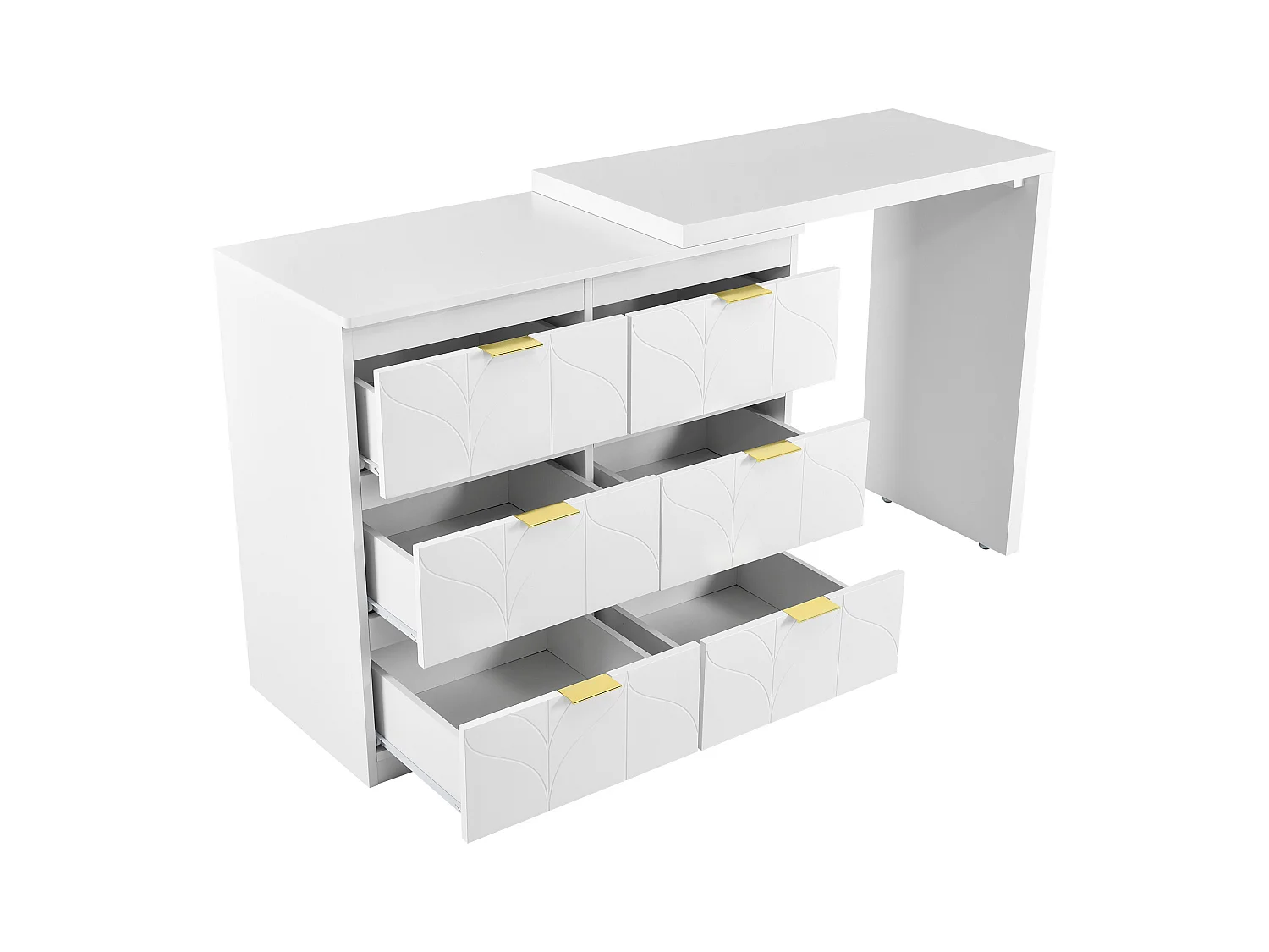 Coiffeuse blanche avec 5 tiroirs, design minimaliste, MDF, avec miroir à LED réglable et pieds dorés (90x40x73.5 cm)