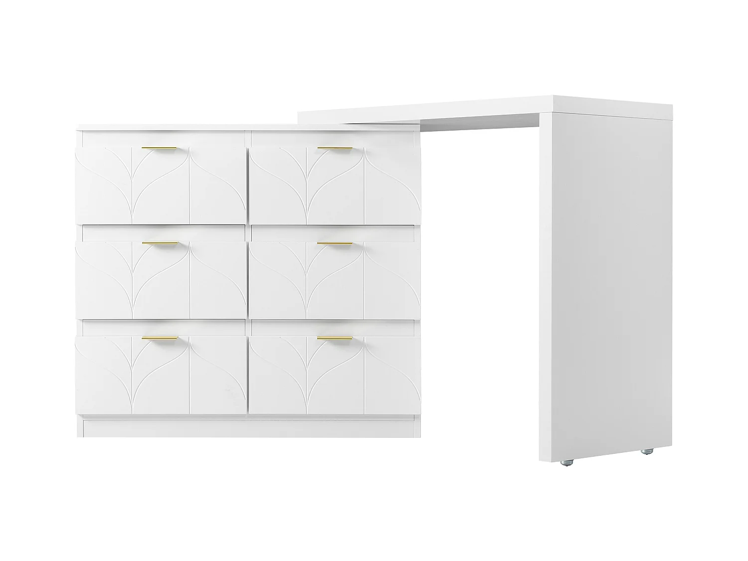 Coiffeuse blanche avec 5 tiroirs, design minimaliste, MDF, avec miroir à LED réglable et pieds dorés (90x40x73.5 cm)