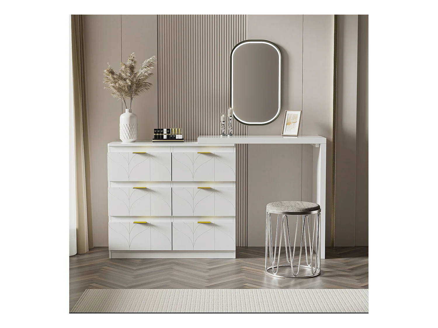 Tocador blanco con 5 cajones, diseño minimalista, MDF, con espejo LED orientable y patas doradas (90x40x73,5 cm)