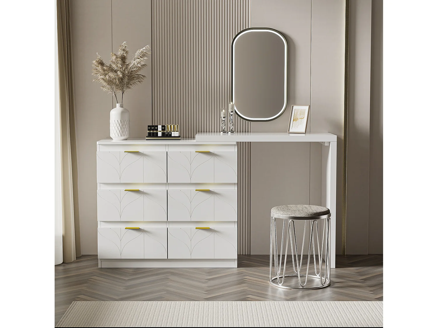 Tocador blanco con 5 cajones, diseño minimalista, MDF, con espejo LED orientable y patas doradas (90x40x73,5 cm)