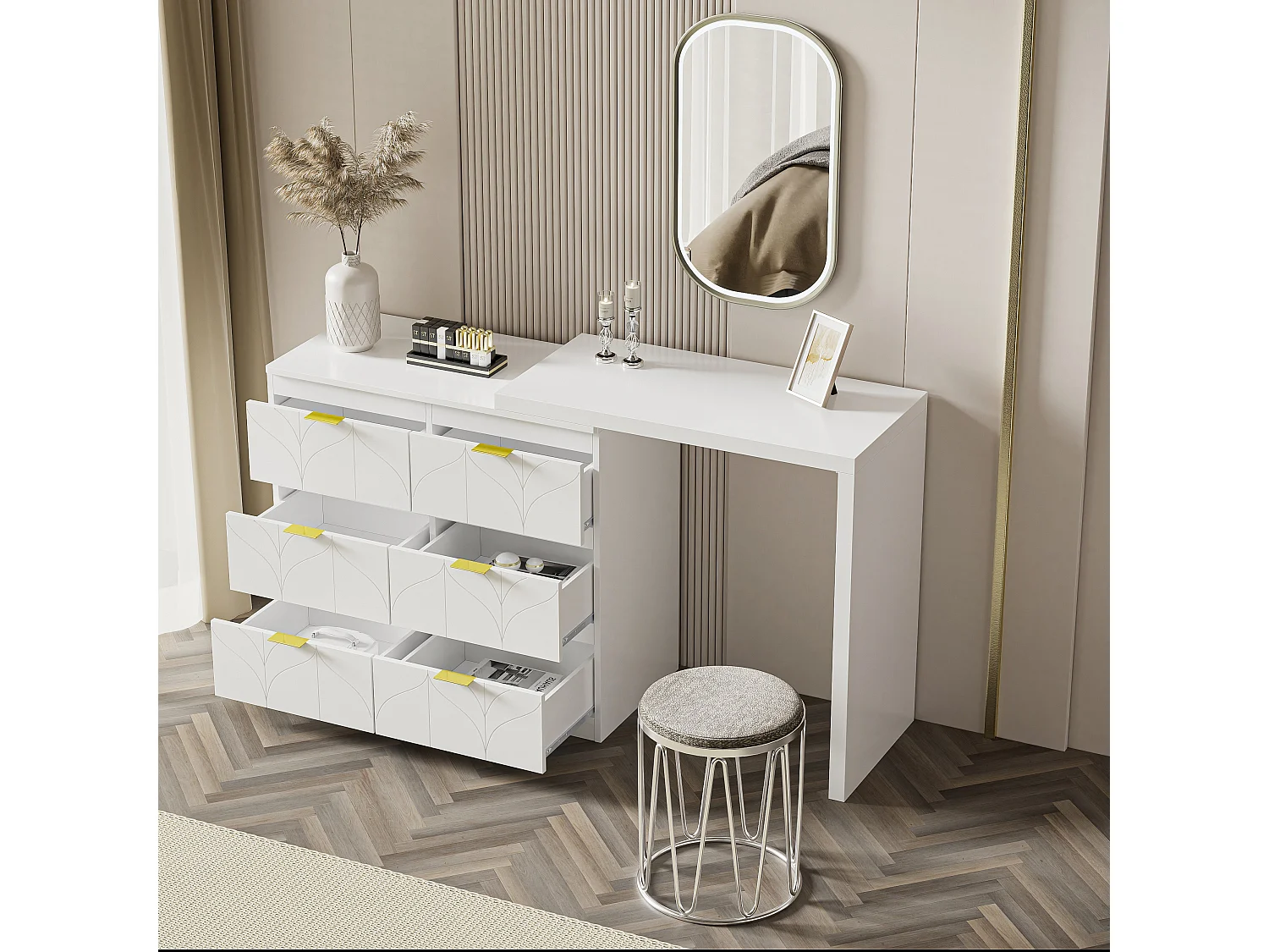 Tocador blanco con 5 cajones, diseño minimalista, MDF, con espejo LED orientable y patas doradas (90x40x73,5 cm)