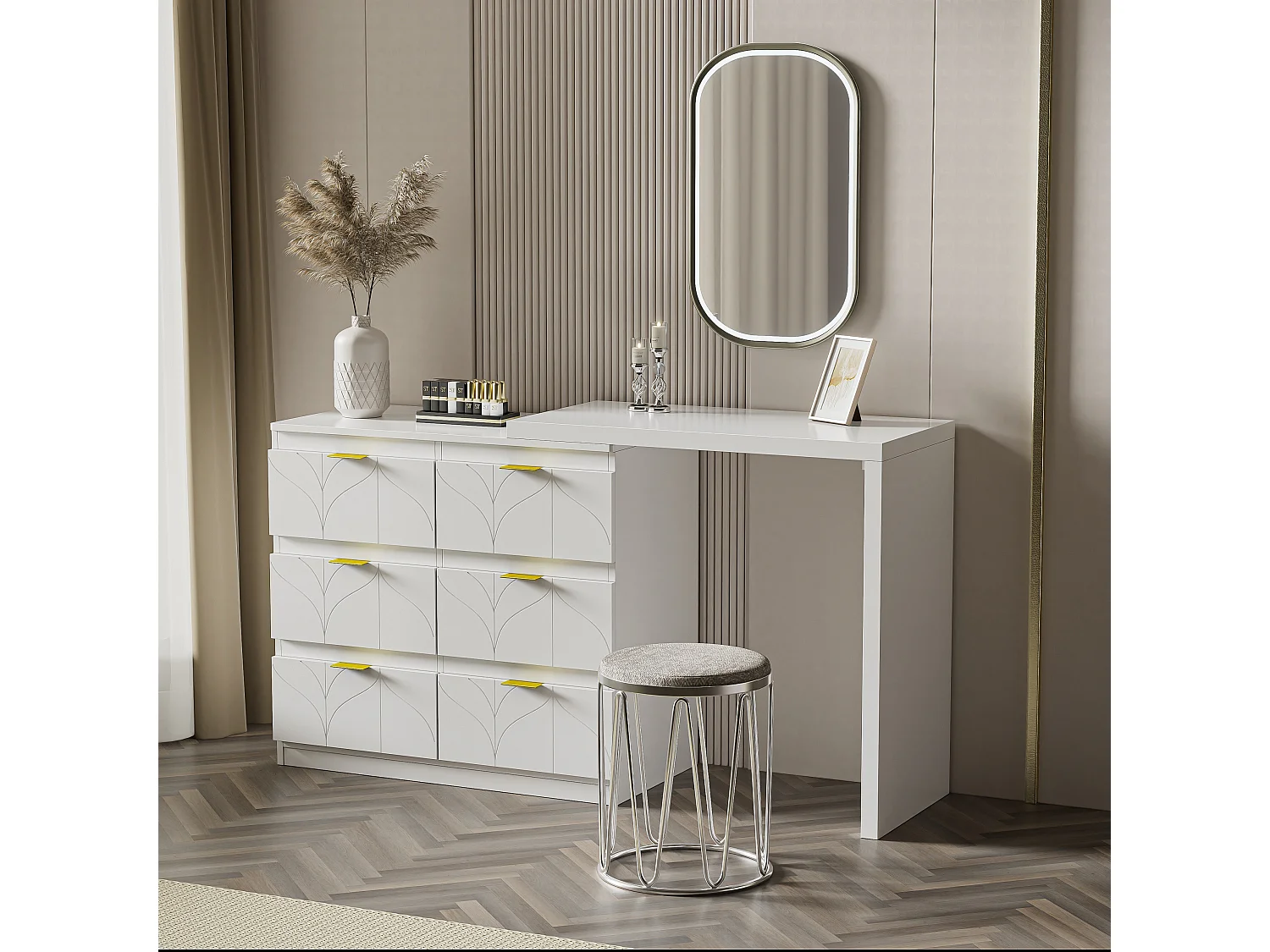 Tocador blanco con 5 cajones, diseño minimalista, MDF, con espejo LED orientable y patas doradas (90x40x73,5 cm)