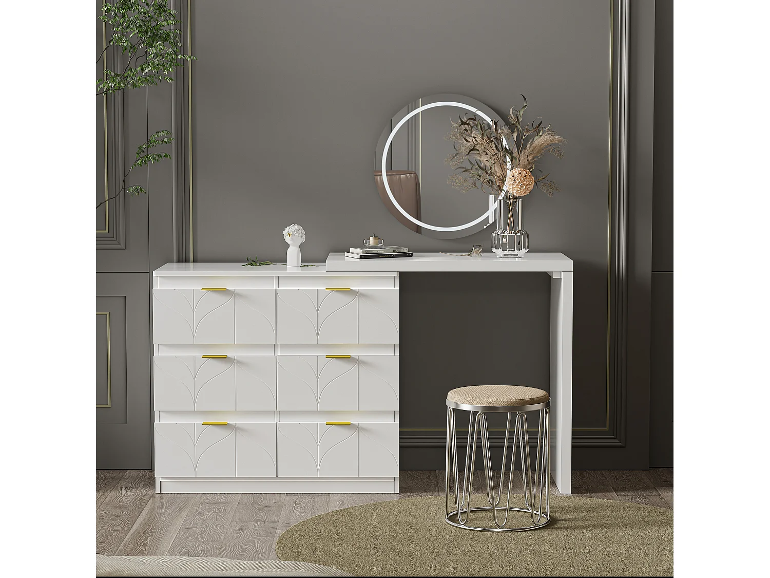 Tocador blanco con 5 cajones, diseño minimalista, MDF, con espejo LED orientable y patas doradas (90x40x73,5 cm)