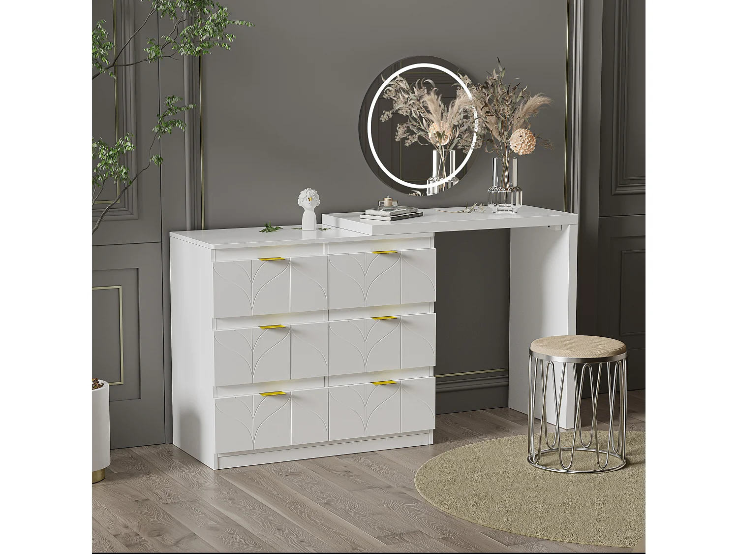 Tocador blanco con 5 cajones, diseño minimalista, MDF, con espejo LED orientable y patas doradas (90x40x73,5 cm)