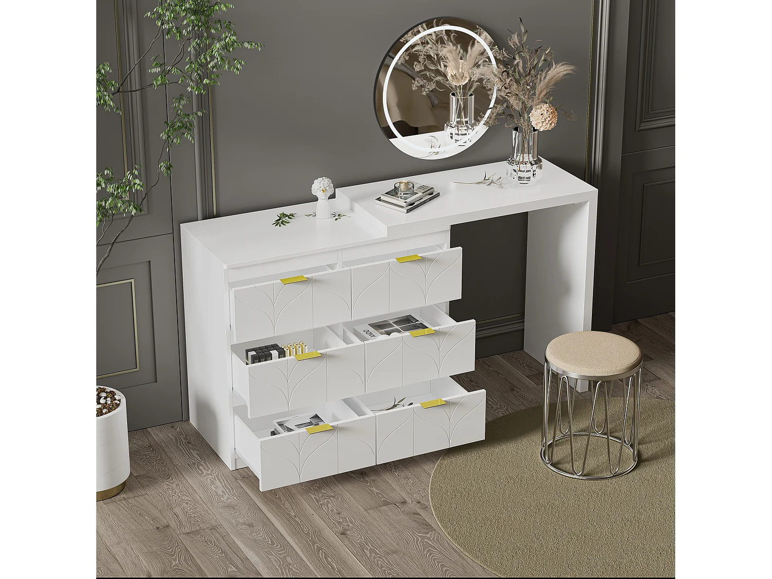 Tocador blanco con 5 cajones, diseño minimalista, MDF, con espejo LED orientable y patas doradas (90x40x73,5 cm)