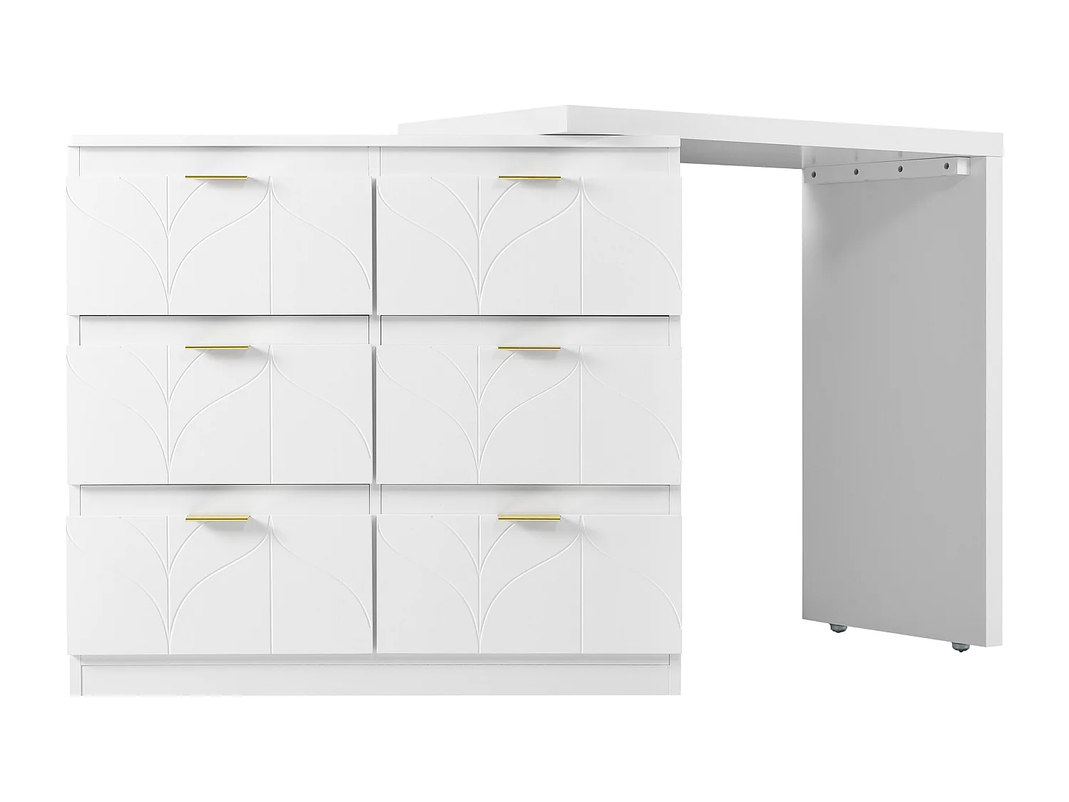 Tocador blanco con 5 cajones, diseño minimalista, MDF, con espejo LED orientable y patas doradas (90x40x73,5 cm)