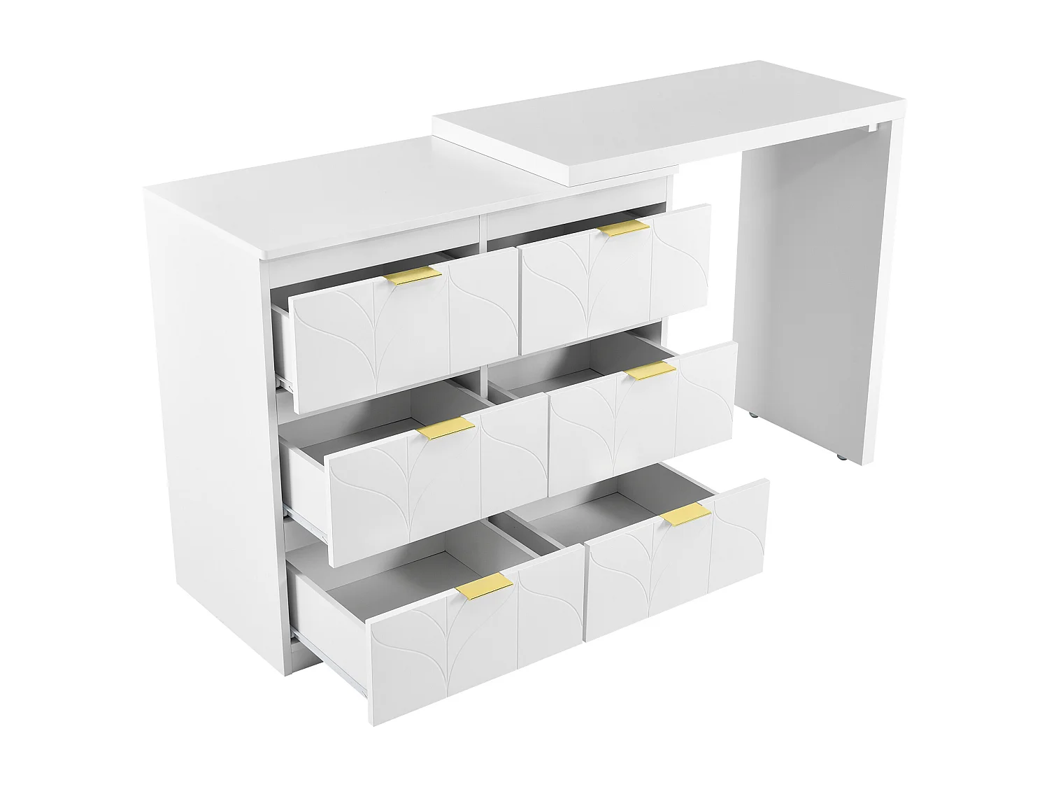 Tocador blanco con 5 cajones, diseño minimalista, MDF, con espejo LED orientable y patas doradas (90x40x73,5 cm)