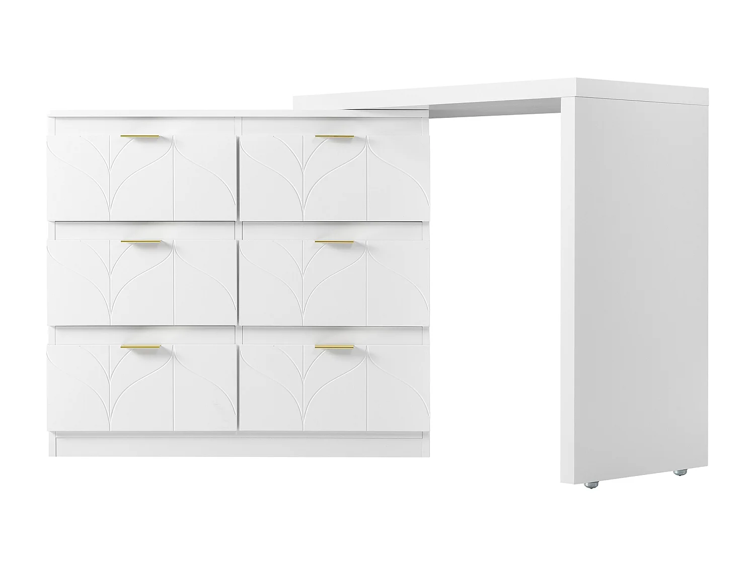 Tocador blanco con 5 cajones, diseño minimalista, MDF, con espejo LED orientable y patas doradas (90x40x73,5 cm)