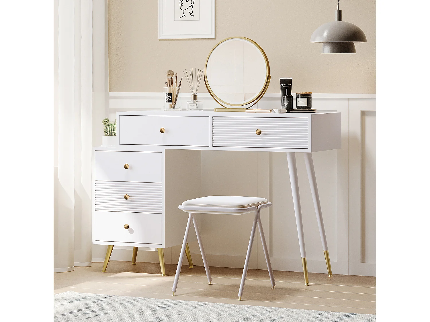 Coiffeuse avec miroir LED, design avec table extensible, trois couleurs de lumière, MDF, blanc (100x40x78 cm)