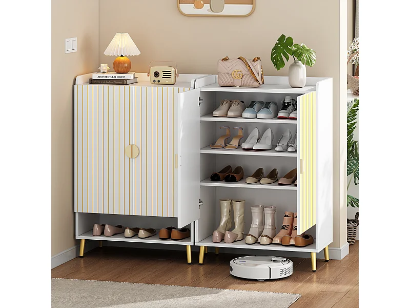 Meuble à chaussures moderne avec portes doubles, étagères réglables et tiroirs, MDF, blanc (75x37x110 cm)